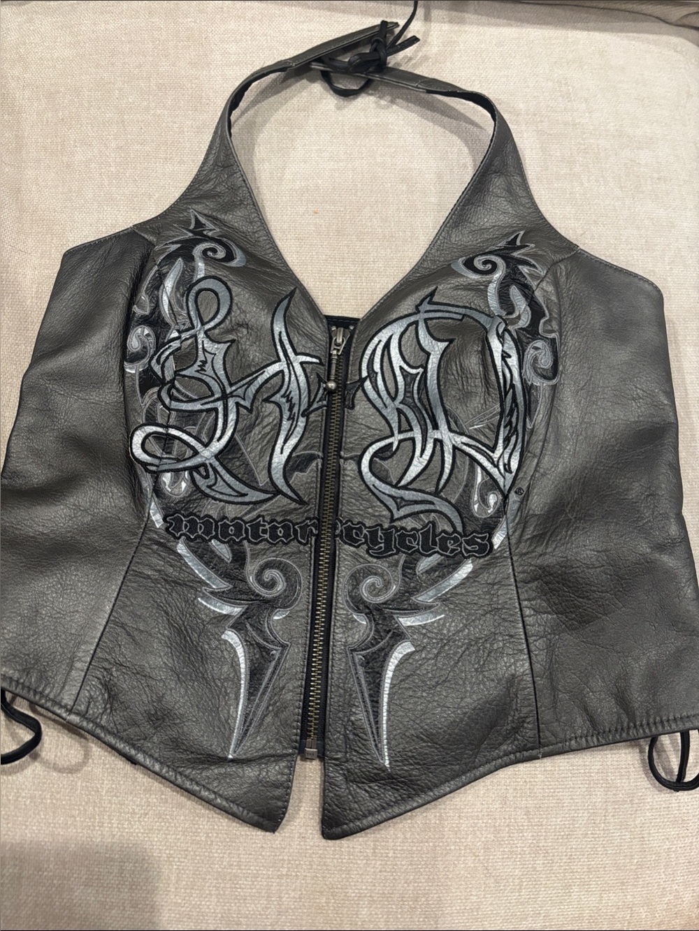 Y2K Harley-Davidson Genuine Gray Leather Corset Halter Top Biker Grunge